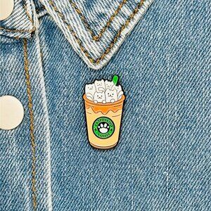 🤩Frappuccino I Love Cats & Coffee Enamel Pin with Rubber Catpuccino Brooch New